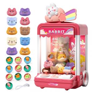 Máquina de Garra Infantil Aiqi Rainbow Rabbit Rosa com Luz e Som, Mini Vending Machine, Inclui 10 Pelúcias e 10 Brinquedos, 32 cm