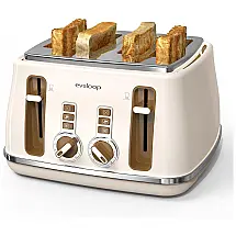 Torradeira Elétrica 4 Fatias com 6 Níveis de Tostagem, Função Descongelar e Bandejas de Migalhas Removíveis, 110V 1500W, Evoloop, Creme
