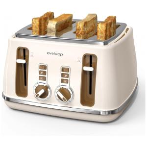 Torradeira Elétrica 4 Fatias com 6 Níveis de Tostagem, Função Descongelar e Bandejas de Migalhas Removíveis, 110V 1500W, Evoloop, Creme