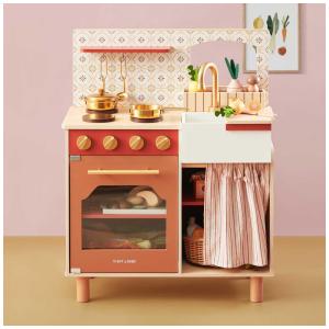 Cozinha Infantil Estilo Fazenda em Madeira com Alimentos Cortados e Acessórios de Cozinha, Tiny Land, Marrom