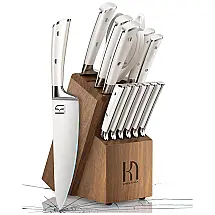 Conjunto de Facas com Bloco de Bancada, Afiador Embutido e Cabo Ergonômico, 15 Peças, KnifeSaga, Branco
