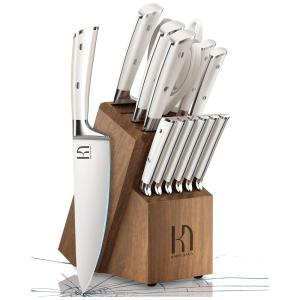 Conjunto de Facas com Bloco de Bancada, Afiador Embutido e Cabo Ergonômico, 15 Peças, KnifeSaga, Branco