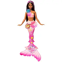 Barbie Sereia Mágica com Flores Surpresa, Cauda Ombre e Acessório de Tiara de Pérolas - Cabelos Longos Castanho com Mechas Roxas 2025