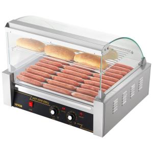 Máquina de Salsicha Hot Dog VEVOR Grill, 11 rolos, capacidade para 30 hot dogs, 1650W, controle de temperatura duplo, tampa de vidro