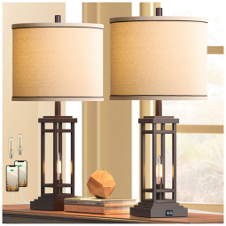 Kit 2 Luminárias de Mesa Vintage em Metal e Abajur de Tecido, ROTTOGOON, Dourado