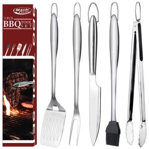 MAGIC FLAME Kit Churrasco na Grelha 5 Peças de Aço Inoxidável, Prata