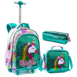 Mochila Escolar Infantil com Rodinhas 32cm IvyH Unicornio 3 Peças com Lancheira para Meninos e Meninas, Verde