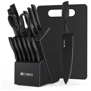 Conjunto de Facas em Aço Inoxidável com Bloco de Bancada e Afiador Embutido, 6 Peças,Stllab, Preto