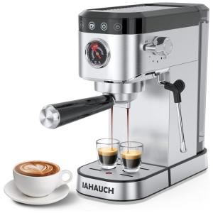 Máquina de Café Expresso Semiautomática em Aço Inoxidável com Bocal de Leite, 110V 1350W, IAHAUCH CM5100, Prata