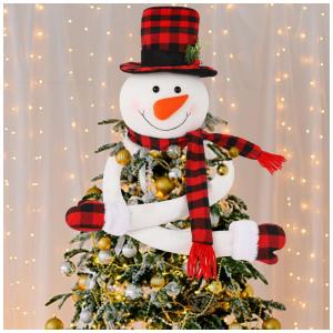 Topo de Árvore de Natal Boneco de Neve Juegoal, Grande Abraço de Boneco de Neve de Pelúcia com Chapéu de Aba Xadrez Vermelho e Preto