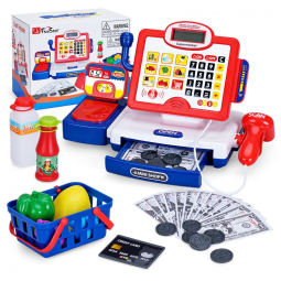 Caixa Registradora FS com Scanner, Dinheiro de Brinquedo, Cartão e Cesta para Crianças 3-7 Anos