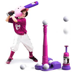 Kit Beisebol com Arremessador Automático e 6 Bolas para Crianças de 3 a 8 Anos, QDRAGON, Rosa