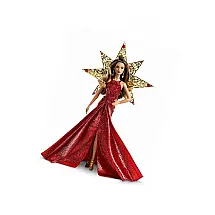 Boneca Barbie Signature 2017 Holiday Teresa Mattel colecionador morena vestido vermelho metálico estrela dourada suporte exposição