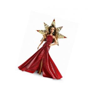 Boneca Barbie Signature 2017 Holiday Teresa Mattel colecionador morena vestido vermelho metálico estrela dourada suporte exposição