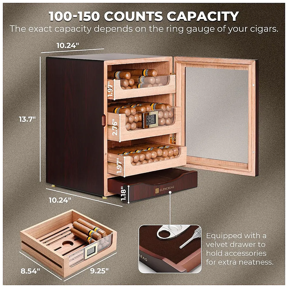 Humidor Charutos Glencreag Mogno Capacidade 150 Unidades com Higrômetro Digital — foto 3