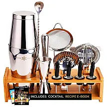 Kit Bartender Profissional 18 Peças em Aço Inoxidável com Suporte de Bambu e Livro de Receitas, Winter Castle, Prata