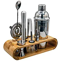 Kit Bartender Profissional 11 Peças em Aço Inoxidável com Suporte de Bambu, TGT CHEERS