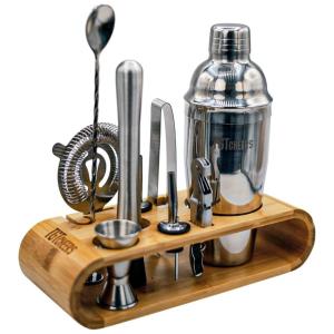 Kit Bartender Profissional 11 Peças em Aço Inoxidável com Suporte de Bambu, TGT CHEERS