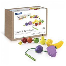 Brinquedo de encaixar Guidecraft Count and Lace Fruit em madeira com 24 frutas coloridas e 2 cordões para sequências e contagem