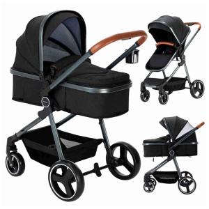 Carrinho de Bebê Pode ser Reclinado em Diferentes Posições com Assento Reversível, Rodas 360º e Suspensão, MOUMISS, Preto