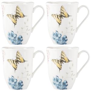 Conjunto de Canecas, Tema de Borboletas com 4 Peças, Capacidade 350mL e Material de Porcelana, Lenox 869578, Branca Colorida
