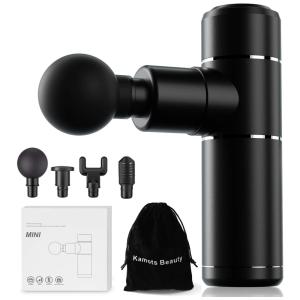 Massageador Pistola Elétrico Mini Sem Fio 4 Acessórios 5 Velocidades 3000 RPM, KAMOTS BEAUTY, Preto