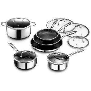 Jogo de Panelas e Frigideiras Antiaderentes em Aço Inoxidável, 12 Peças, HexClad, Prata