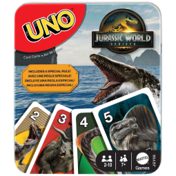 UNO Jurassic World Rebirth Mattel Games jogo de cartas em lata colecionável com regra especial Ataque do T. rex