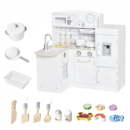 Cozinha Infantil em Madeira com Bebedouro, Microondas e Geladeira para Crianças Acima de 3 Anos, Qaba, Branca