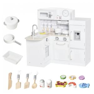 Cozinha Infantil em Madeira com Bebedouro, Microondas e Geladeira para Crianças Acima de 3 Anos, Qaba, Branca