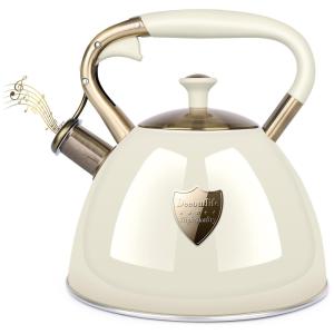 Chaleira 3L com Apito e Cabo ergonômico, Aço Inoxidável, DEEOUTLIFE, Creme