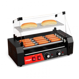 Máquina de Salsicha e Hot Dog Awgpd Grill, 5 rolos, capacidade para 12 hot dogs, 750W, controle de temperatura duplo, tampa de vidro