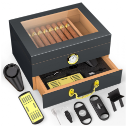 Umidor TRBIHCX Cinza-Escuro com Cedro Espanhol Tampa de Vidro e Gaveta para 20 a 50 Charutos