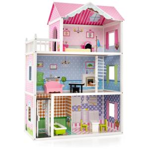 Casa de Boneca em Madeira com Elevador, Escada Giratória e 10 Peças de Móveis Incluídos para Crianças Acima de 3 Anos, Costzon, Rosa