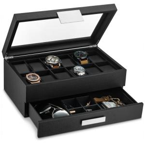 Caixa, Estojo de Fibra de Carbono para Relógios com 12 Compartimentos, Glenor Co, Preto