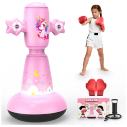 BaiYuan Saco de Pancadas Inflável 147 cm para Crianças - Tema Unicórnio Rosa - Conjunto Completo para Boxe e Treino de Karate