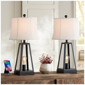 Kit 2 Luminárias de Mesa Vintage em Metal com USB e Abajur de Tecido, FRANKLIN IRON WORKS, Preto