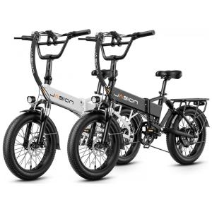 Kit com 2 bicicletas elétricas dobráveis Jasion EB7 branco perolado e preto profundo, pneus 20x3, motor até 1200W, bateria 48V 10Ah