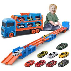 Caminhão Transportador que Vira Pista de Corrida com 8 Carros de Metal para Crianças de 3 Anos ou Mais, HSEONEJIA.