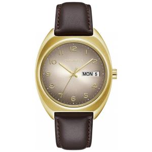 Relógio Masculino Retro Quartzo em Aço Inoxidável com Pulseira de Couro, CARAVELLE 44C109, Dorado