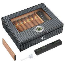 Umidor de Charutos XIFEI com Fibra de Carbono, Visor de Vidro e Acessórios Premium - Capacidade para 25-60 Charutos, Garantindo Umidade
