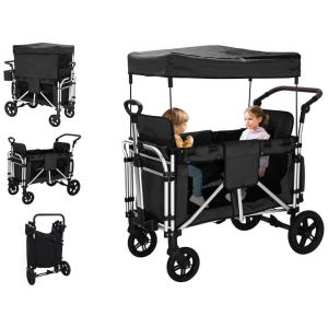 Carrinho de Passeio Vagão para 2 Crianças com Assentos Altos e Capota Ajustável, WANAN, Preto