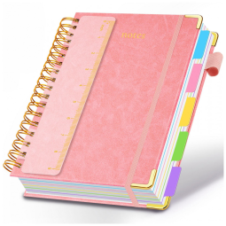 Caderno universitário espiral capa dura GDGDSY B5 8x10, 5 matérias, 300 páginas pautadas, divisórias removíveis, capa couro sintético rosa