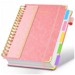 Caderno universitário espiral capa dura GDGDSY B5 8x10, 5 matérias, 300 páginas pautadas, divisórias removíveis, capa couro sintético rosa
