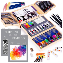 Kit Lápis de Cor Profissional com Maleta de Madeira 85 peças Tintas Acrílicas, Aquarela, TINY CASTLE, Marrom