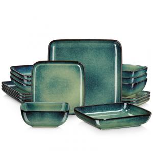 Aparelho de Jantar com 16 Peças Quadradas de Cerâmica em Esmalte Reativo, Vancasso, Verde