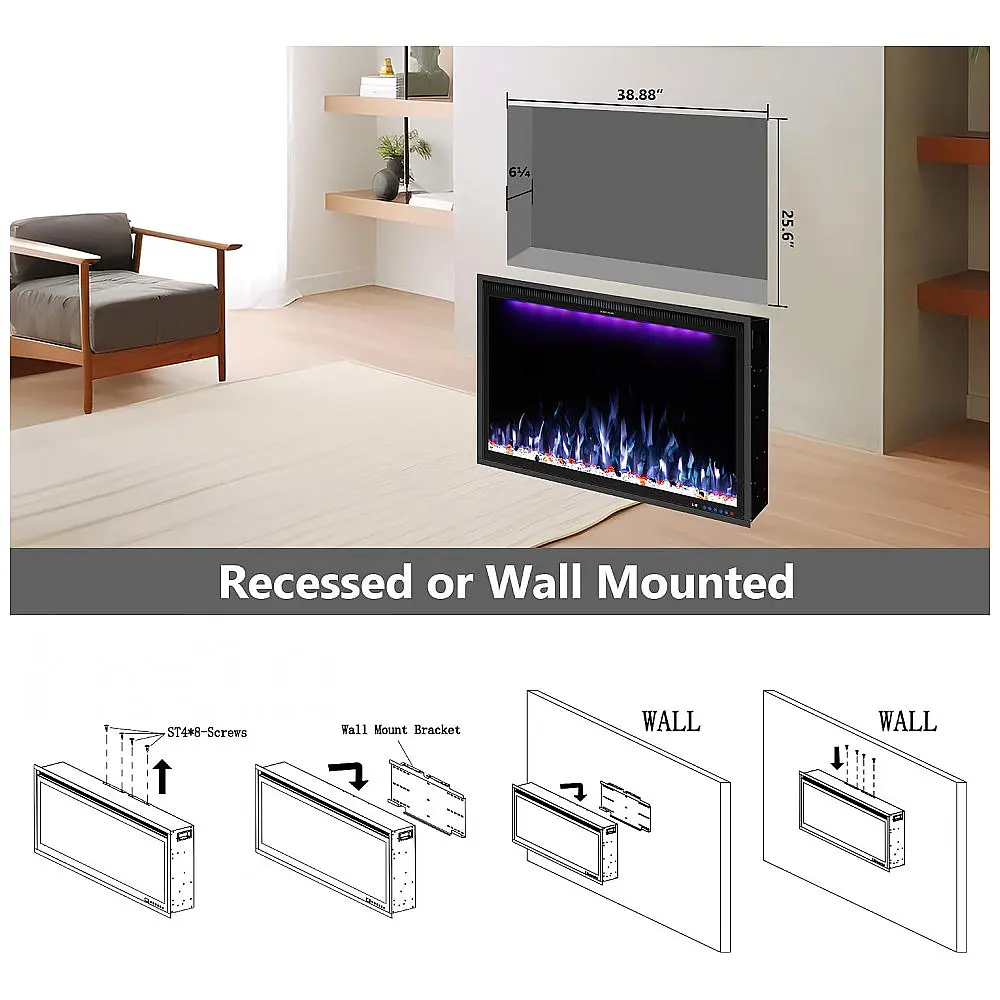 Lareira Elétrica de Embutir A67x101L cm com Controle Remoto por APP, 13 Cores de Chama Ajustáveis e Slim Recessed, 110V 1500W — foto 3