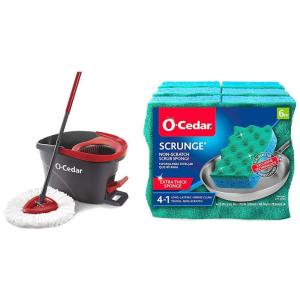 Mop Giratório Profissional de Microfibra com Balde e 6 UN Esponja Esfoliante , O Cedar, Vermelho e Cinza