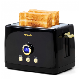 Torradeira Elétrica Retrô 2 Fatias com 6 Níveis de Tostagem em Aço Inoxidável e Painel Digital, 110V 850W, Amaste, Preta