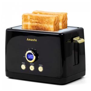 Torradeira Elétrica Retrô 2 Fatias com 6 Níveis de Tostagem em Aço Inoxidável e Painel Digital, 110V 850W, Amaste, Preta
